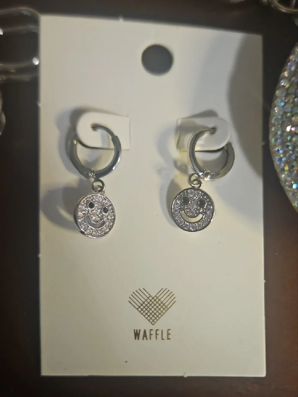 Time and Tru Silver Rhinestone Smiley Face Keychain and Earring Set